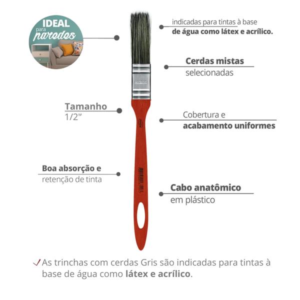 Imagem de Trincha / Pincel Para Látex / Acrílica Gris De Tamanho 1/2" Vermelho Durín