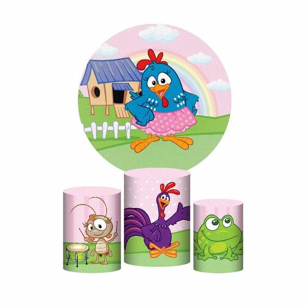 Trio Capa Cilindro + Painel Redondo 3D Galinha Pintadinha - Prime Decor Festas Imagem de Trio Capa Cilindro + Painel Redondo 3D Galinha Pintadinha