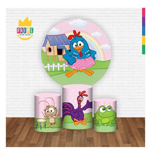 Trio Capa Cilindro + Painel Redondo 3D Galinha Pintadinha - Prime Decor Festas Imagem de Trio Capa Cilindro + Painel Redondo 3D Galinha Pintadinha