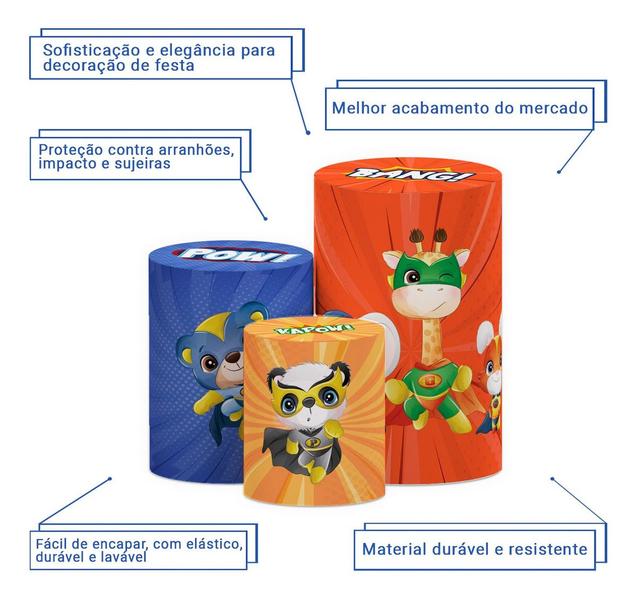 Trio Capas Cilindros P M G Animais Heróis Tecido Veste Fácil - Decoraset Imagem de Trio Capas Cilindros P M G Animais Heróis Tecido Veste Fácil