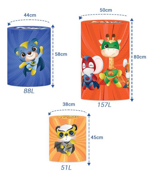 Trio Capas Cilindros P M G Animais Heróis Tecido Veste Fácil - Decoraset Imagem de Trio Capas Cilindros P M G Animais Heróis Tecido Veste Fácil