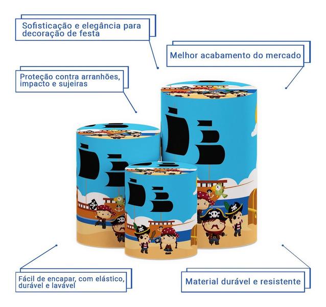 Trio Capas Cilindros Piratas Tecido C/ Elástico Veste Fácil - Decoraset Imagem de Trio Capas Cilindros Piratas Tecido C/ Elástico Veste Fácil