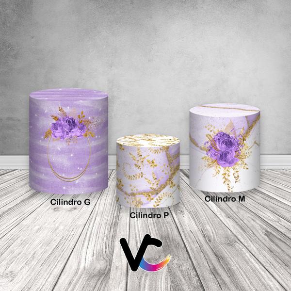 Trio De Capa Cilindro - Efeito Marmorizado com Flores Lilás 040 - Via Cores Imagem de Trio De Capa Cilindro - Efeito Marmorizado com Flores Lilás 040