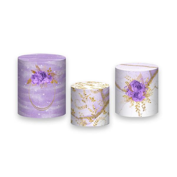 Trio De Capa Cilindro - Efeito Marmorizado com Flores Lilás 040 - Via Cores Imagem de Trio De Capa Cilindro - Efeito Marmorizado com Flores Lilás 040