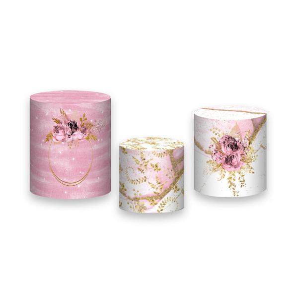 Imagem de Trio de Capas de Cilindro - Efeito Mármore com Flores Rosa 059