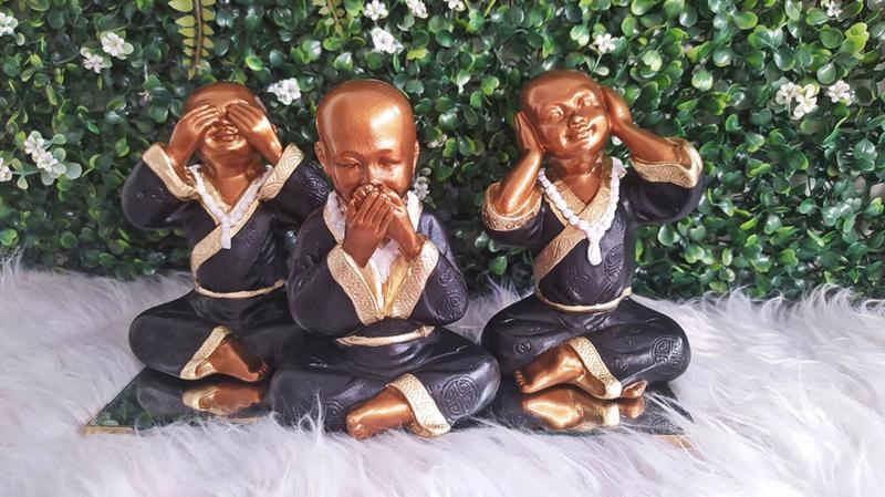 Imagem de Trio de Monges Budas Japonês Cego Surdo Mudo Decoração Sala