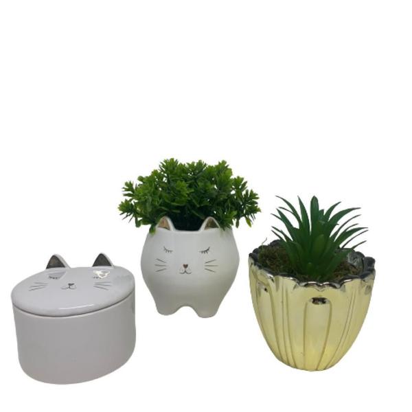 Imagem de Trio decorativo cachepot gatinho, potiche e vaso dourado