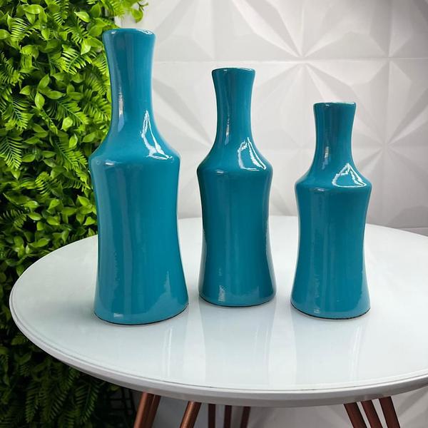 Imagem de Trio decorativo vaso garrafa turquesa de cerâmica moderno