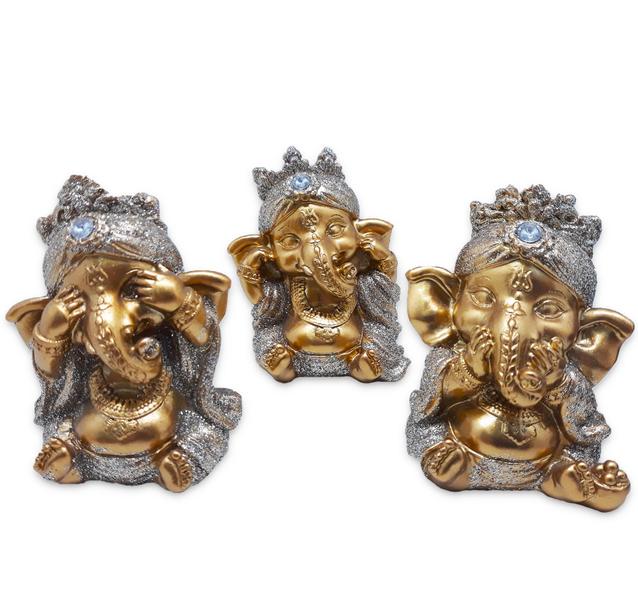Trio Ganesha da Sabedoria Enfeite Ganesha Gold Brilho 8 cm - Flash Imagem de Trio Ganesha da Sabedoria Enfeite Ganesha Gold Brilho 8 cm