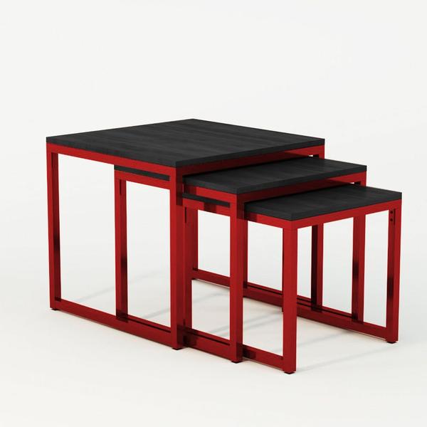 Imagem de Trio Mesa Lateral Industrial Isabella Tampo Preto Base Ferro Vermelho