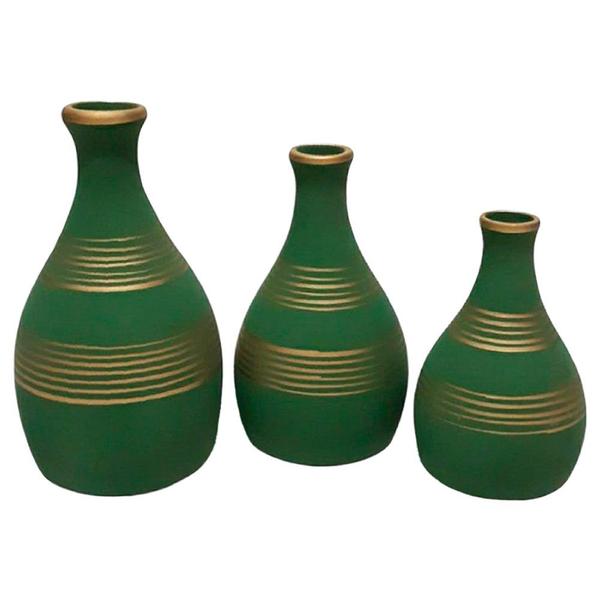 Imagem de Trio Vasos Garrafas em Cerâmica Fosca de Sala Decor - Green Gold