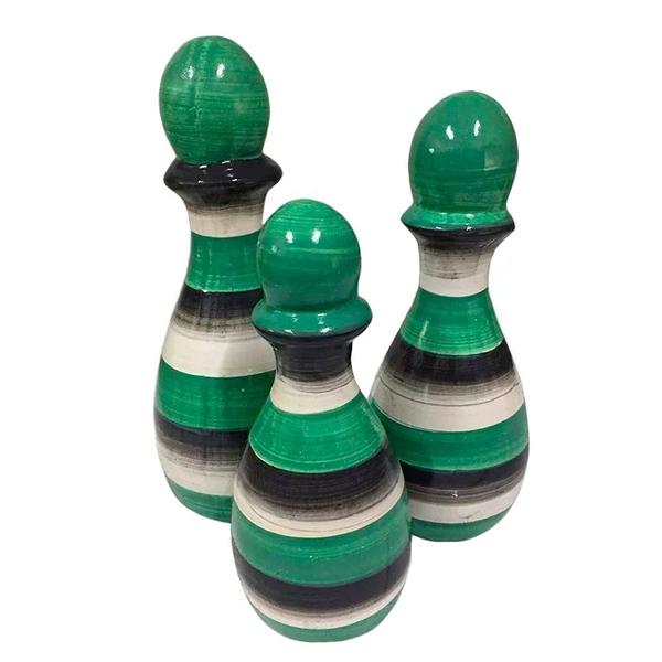 Imagem de Trio Vasos Pinos de Boliche em Cerâmica de Sala Decor - Verde e Branco