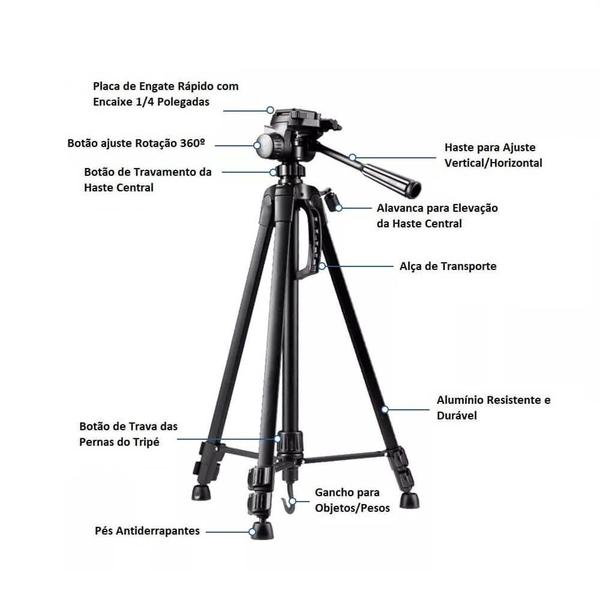 Imagem de Tripé Fotográfico Profissional em Alumínio para Câmeras e Iluminação - 1,40m