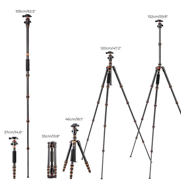 Tripé K&F Concept C225C0 (BA225) Fibra de carbono 152 cm 8 kg Imagem de Tripé K&F Concept C225C0 (BA225) Fibra de carbono 152 cm 8 kg