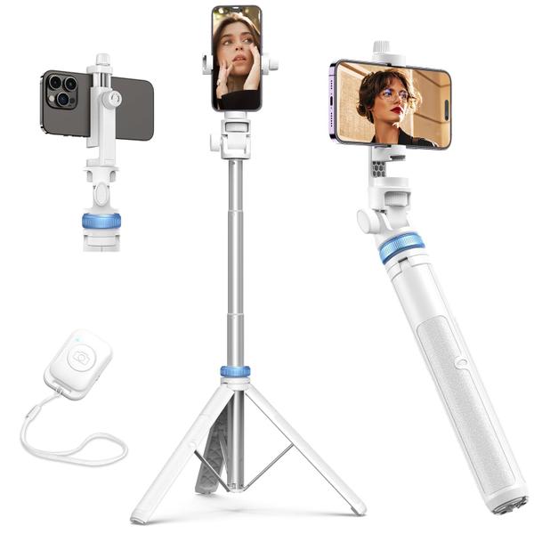 Imagem de Tripé Kaiess 62 para iPhone com selfie stick e controle remoto branco