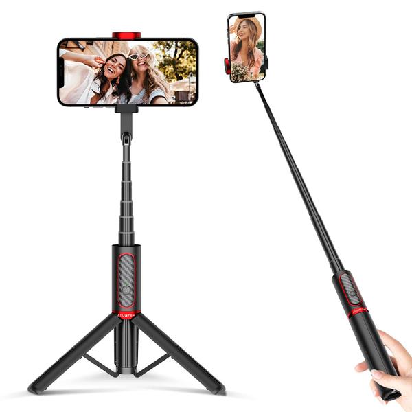 Imagem de Tripé Selfie Stick ATUMTEK 3 em 1, Controle Remoto Bluetooth, Extensível em Alumínio, iPhone e Samsung, Vermelho.