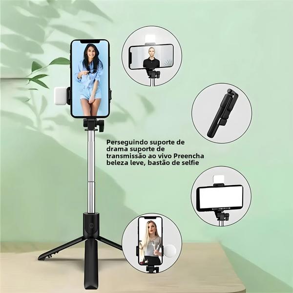 Imagem de Tripé Selfie Stick Bluetooth com Controle Remoto e Luz de Preenchimento