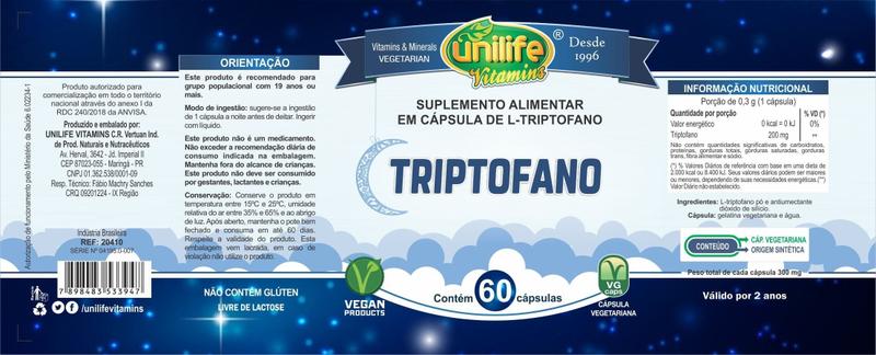 Imagem de TRIPTOFANO - 60 Cápsulas 300mg UNILIFE