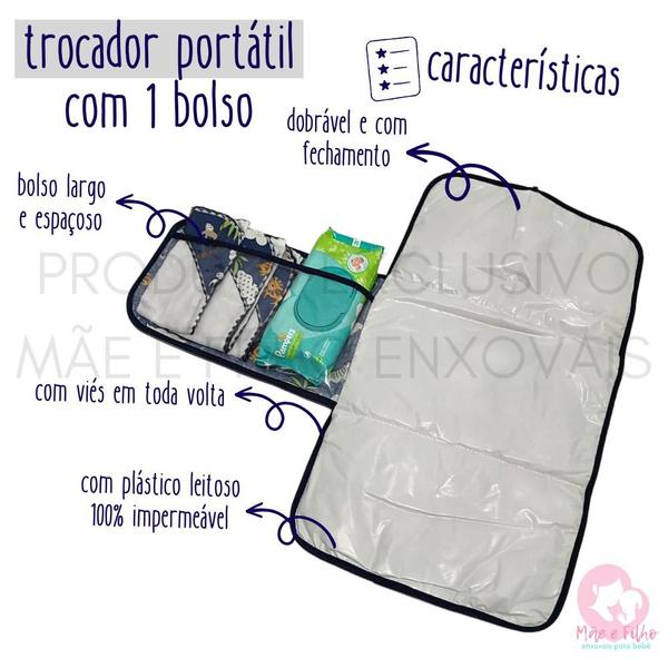 Imagem de Trocador Portátil Bebê com 1 Bolso Impermeável Grande 100% Algodão com Fechamento - Mãe e Filho