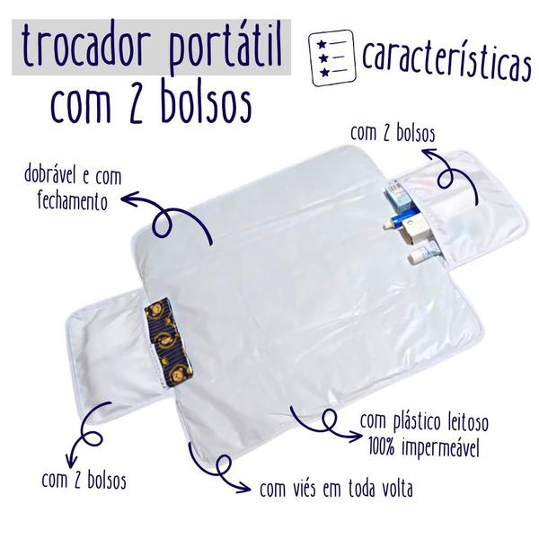 Imagem de Trocador Portátil Bebê com 2 Bolsos Impermeável Grande 100% Algodão com Fechamento - Mãe e Filho