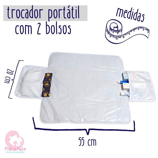 Imagem de Trocador Portátil Bebê com 2 Bolsos Impermeável Grande 100% Algodão com Fechamento - Mãe e Filho