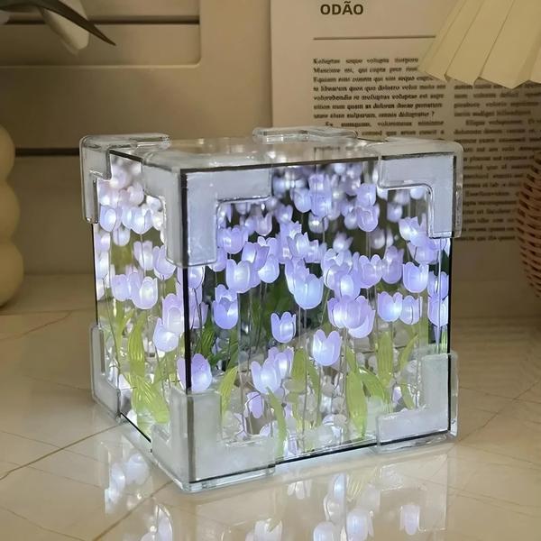 Imagem de Tulipa Espelho Cubo Lâmpada Diy Simulação Flor Artesanal Quarto Mesa Luz Da Noite Presente De