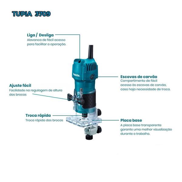 Tupia Laminação Makita 6Mm 1/4Pol 3709 530W + Jog 12Pçs 220V Imagem de Tupia Laminação Makita 6Mm 1/4Pol 3709 530W + Jog 12Pçs 220V