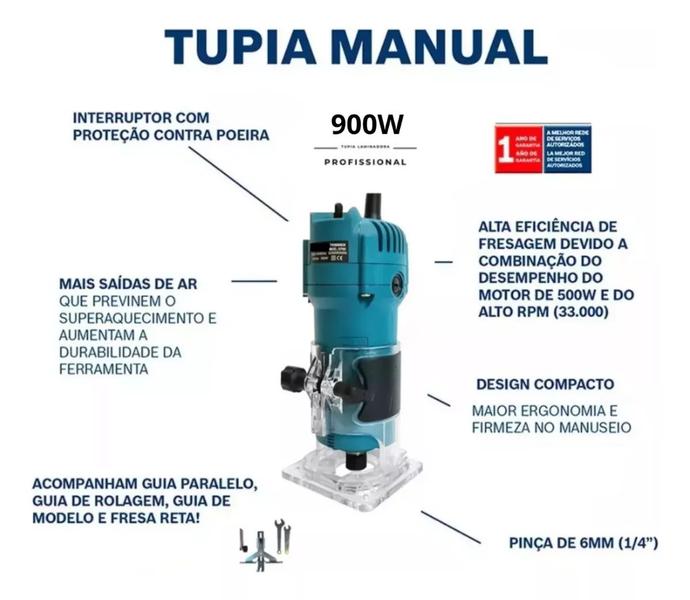 Imagem de Tupia Laminadora 900w + Jogo De Fresas 15 Peças 6mm 30000rpm