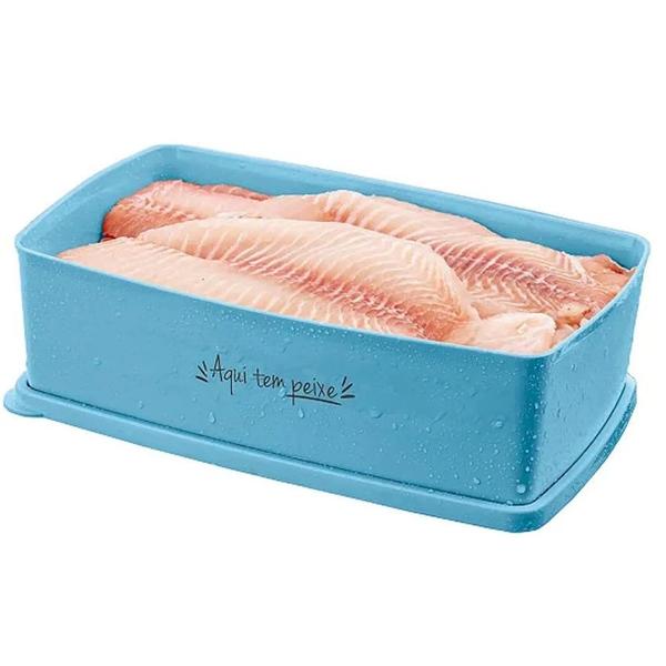 Imagem de Tupperware Caixa Ideal Aqui Tem Peixe 1,4 Litros Freezer Congelador Azul Original Retangular Vasilha Tapauer Tapoer