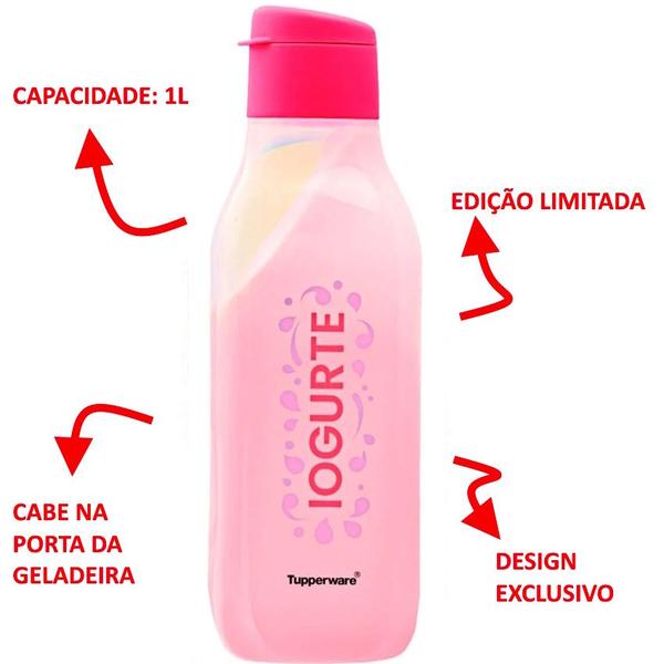 Imagem de Tupperware Garrafa Iogurte Eco Tupper Quadrada 1L Litro Grande Rosa Original