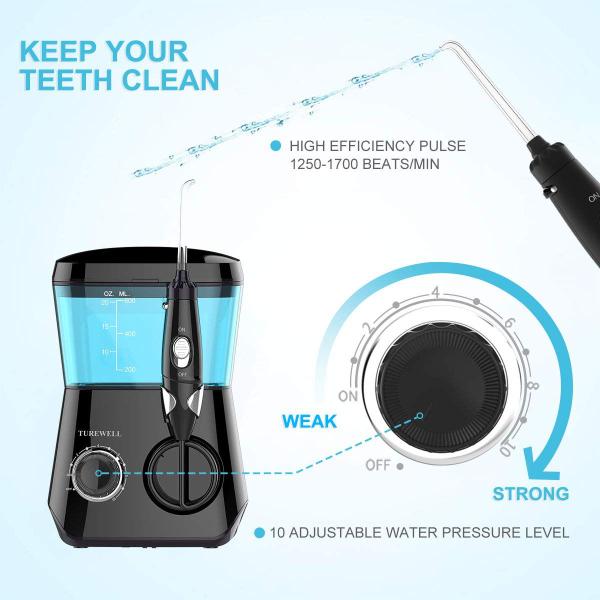 Imagem de TUREWELL Water Flossing Oral Irrigator, 600ML Dental Water Water Teeth Cleaner 10 Pressure Ajustável, Flosser oral dental elétrico para dentes/chaves, 8 dicas de jato de água para a família (branco)