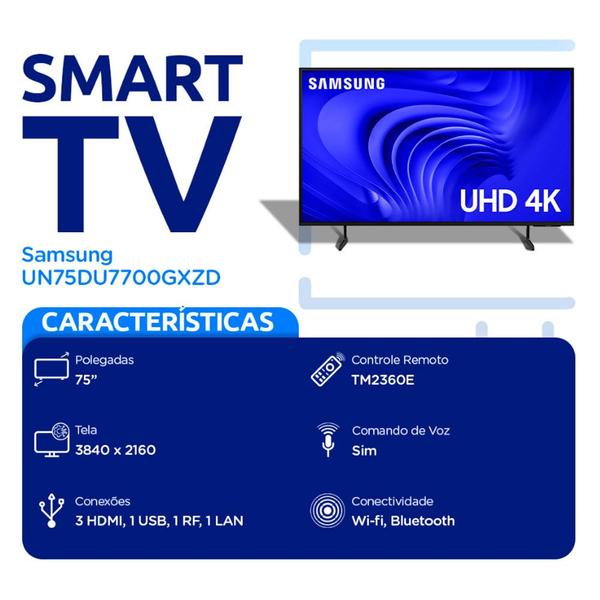 Imagem de TV UN75DU7700GXZD 75P Crystal Smart 4K Comando Voz Samsung