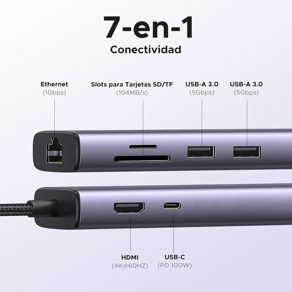 Imagem de UGREEN Adaptador Hub USB C 7x1 Thunderbolt HDMI 4K 60Hz Ethernet RJ45 Leitor cartão Type-C PD 100W