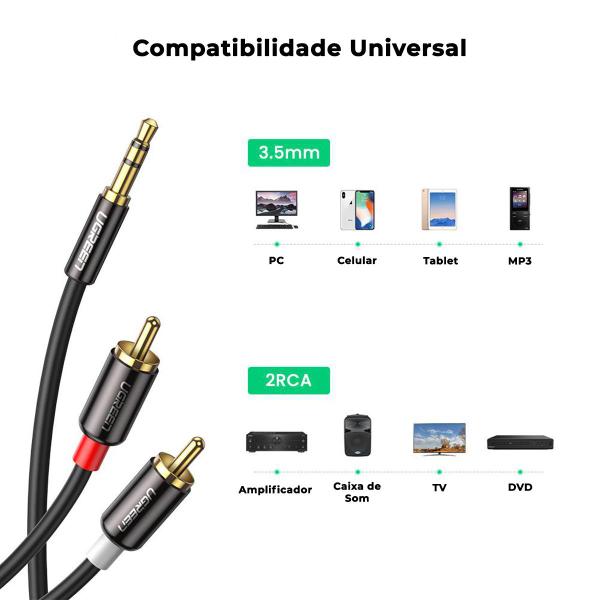 Imagem de Ugreen Cabo Audio Pro Auxiliar P2 3.5mm P/ 2 Rca Macho 5m