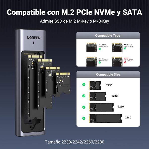 Imagem de UGREEN Case Externa para SSD M.2 PCIe nvme e SATA USB C 3.2 10 Gbps gabinete disco Silicone Alumínio