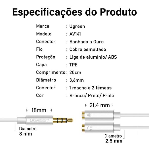 Imagem de Ugreen Divisor Splitter P3 Fone De Ouvido P2 E Mic Fone P2