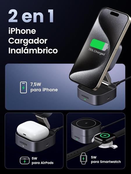 Imagem de UGREEN Suporte Carregador Magnético sem fio (2 em 1) Qi 15W 7,5W indução Galaxy Buds Air 2s