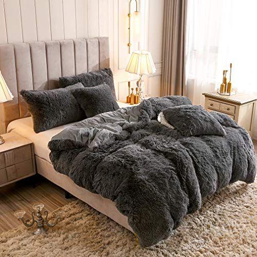 Imagem de Uhamho Faux Fur Velvet Fluffy Bedding Duvet Cover Set Down Edredom Quilt Cover com travesseiros Shams, Ultra Soft Warm and Durable (Queen, Cinza Escuro)