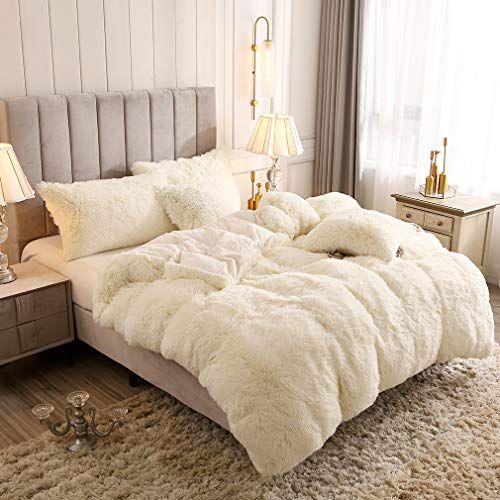 Imagem de Uhamho Faux Fur Velvet Fluffy Bedding Duvet Cover Set Down Edredom Quilt Cover with Pillow Shams, Ultra Soft Warm and Durable (Twin, Creme)