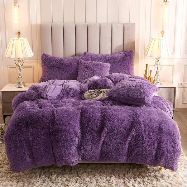 Imagem de Uhamho Faux Fur Velvet Fluffy Bedding Duvet Cover Set Down Edredom Quilt Cover with Pillow Shams, Ultra Soft Warm and Durable (Twin, Purple)