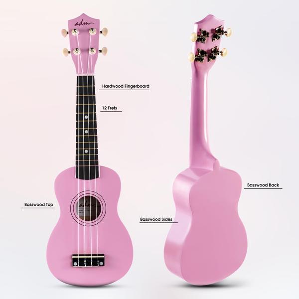 Imagem de Ukulele ADM Hawaiian Wood Soprano de 21 polegadas com kit rosa