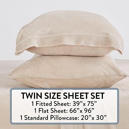 Imagem de Ultra Soft Micro Fleece Sheets Set com bolsos extra profundos  Extra Soft Velvet Fleece Sheet Set  Super Pelúcia Polar Velo  Veludo de pelúcia aconchegante Warmth  Coleção Tribeca (Gêmea, Bege)