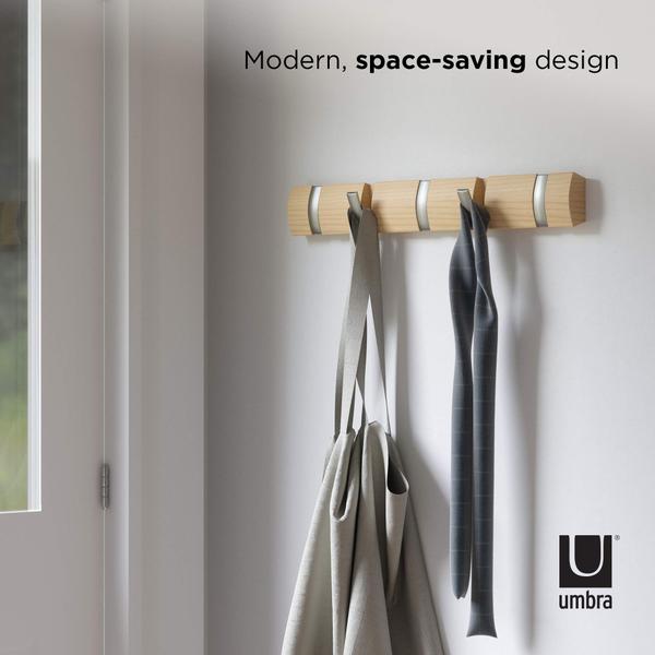 Imagem de Umbra 318850-390 Flip 5-Hook Wall Mounted Floating Coat Rack  Moderno, Elegante, Localizador de Casacos com 5 Ganchos Retráteis para Pendurar Casacos, Lenços, Bolsas e Mais, Natural/Níquel