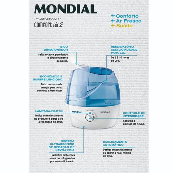 Imagem de Umidificador Ar Ultrassonico Mondial NUA02 2L Azul Bivolt