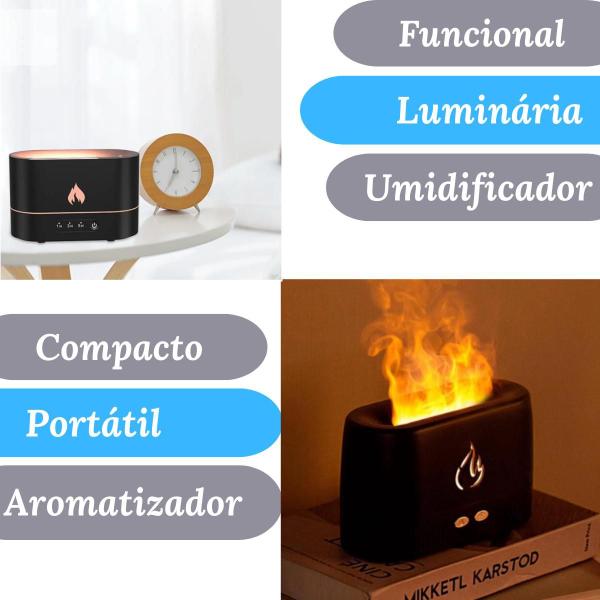 Imagem de Umidificador Difusor Aromatizador Ar Aroma Óleo Efeito Chama - Preto