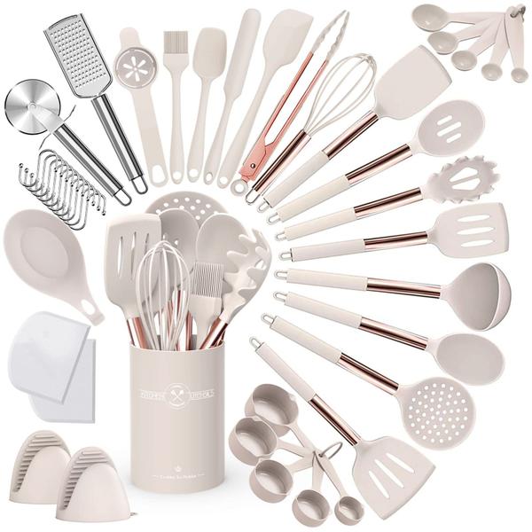 Imagem de Umite Chef Silicone Cozinha Cooking Utensil Set, 43 pcs Silicone Cozinha Espátula Utensílios Set com Ouro Rosa Aço Inoxidável Handle, Antiaderente Resistente ao Calor - Melhor Cozinha Cookware Set-(Khaki)