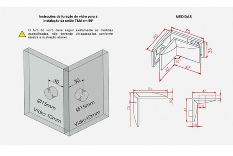 Imagem de União De Vidros 90º Vidro/Alvenaria Aço Inox Suporte V/A