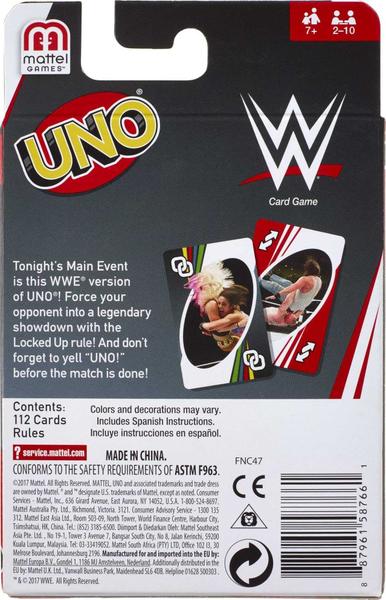 Imagem de UNO Card Game, Matching WWE Superstars, para 2 a 10 jogadores com idades a 7 anos ou mais, número do modelo: FNC47