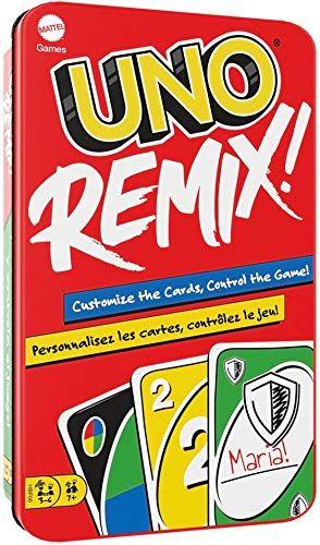 Imagem de UNO Remix Jogo de cartas personalizáveis com 112 cartas, incluindo cartas de gravação em lata de armazenamento robusto, noite de jogo, idades de presente 7 anos e mais exclusivo da Amazon