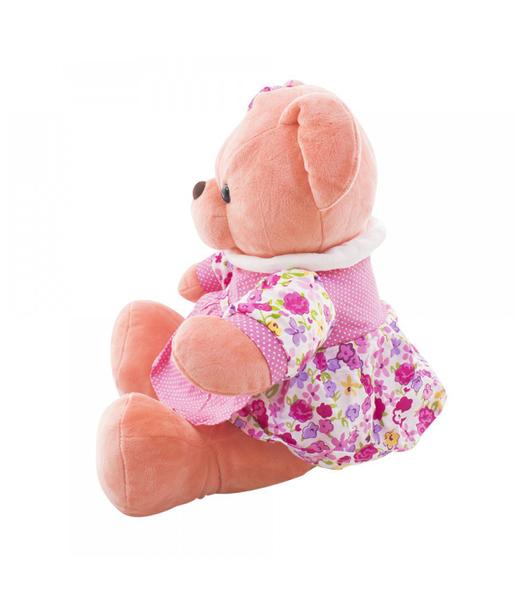 Imagem de Ursa Cor Salmão Sentada De Vestido Florido E Chapeuzinho 30cm - Pelúcia